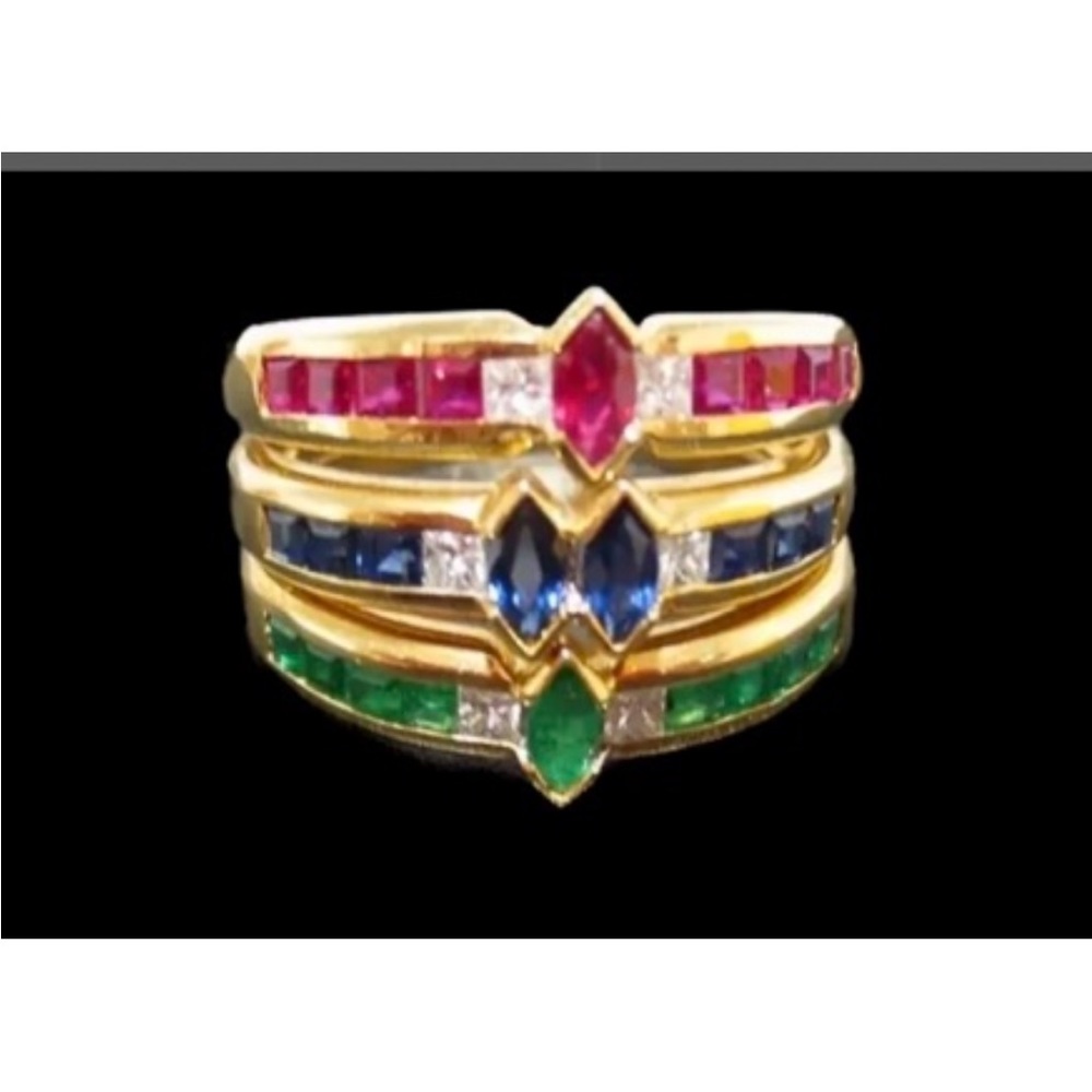 18K GOLD DIAMOND CLUSTER RING EMERALDS, BLUE SAPPHIRES RUBIES MULTI-GEMSTONE